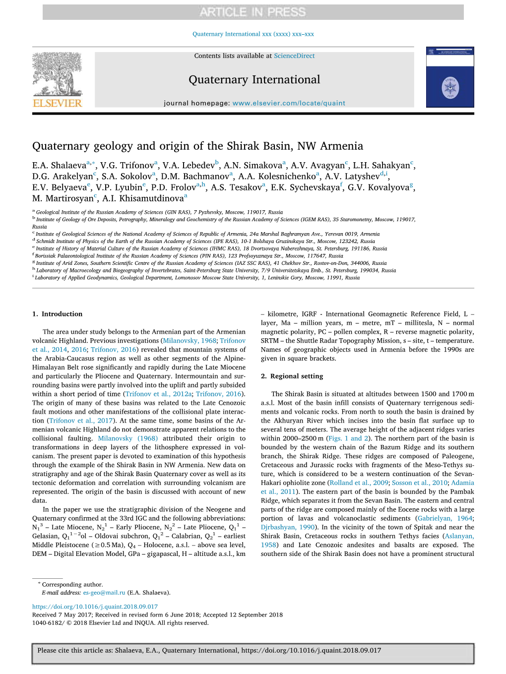 Quaternary Geology and Origin of the Shirak Basin, NW Armenia ∗ E.A