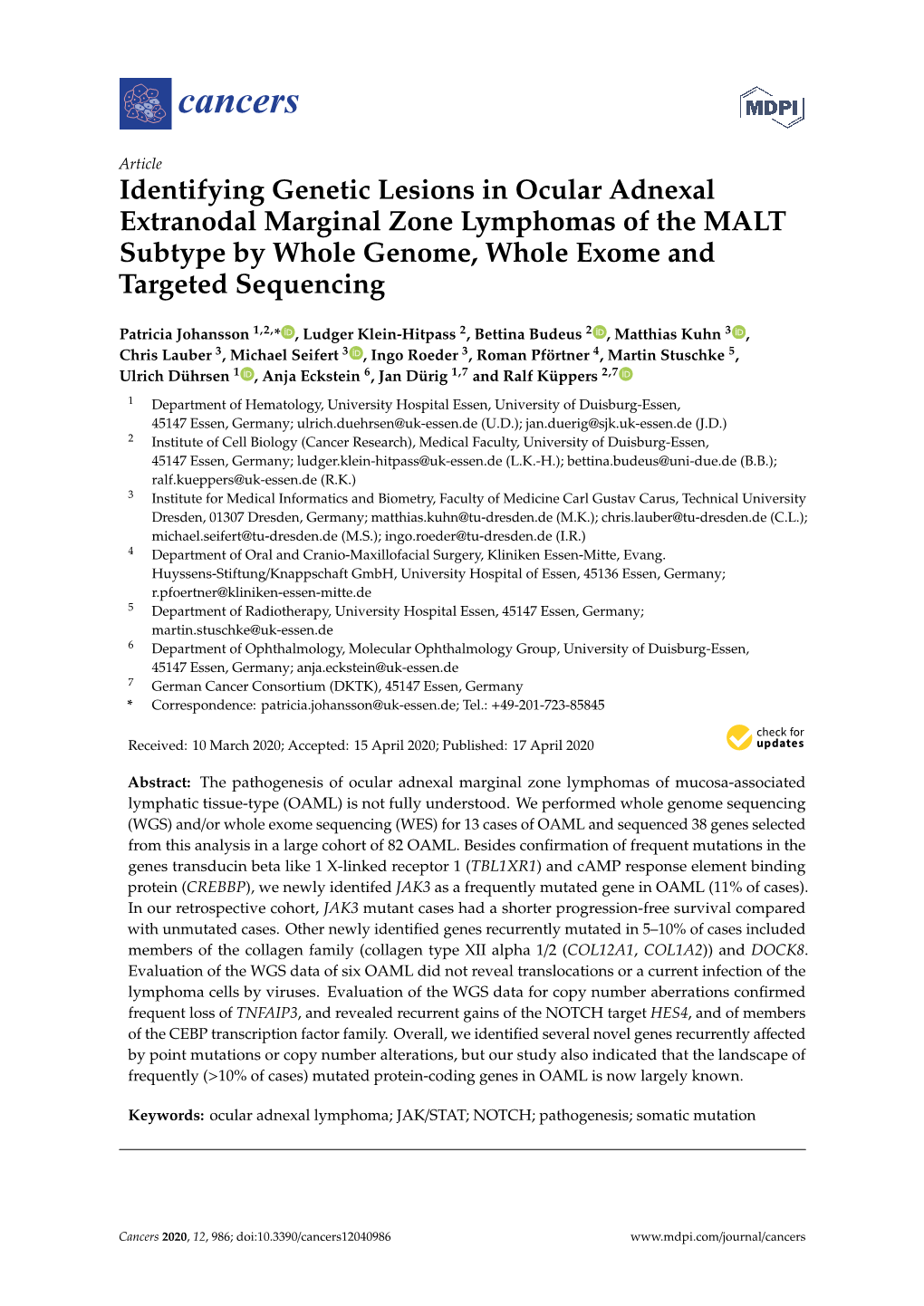 Identifying Genetic Lesions in Ocular Adnexal Extranodal Marginal Zone Lymphomas of the MALT Subtype by Whole Genome, Whole Exome and Targeted Sequencing
