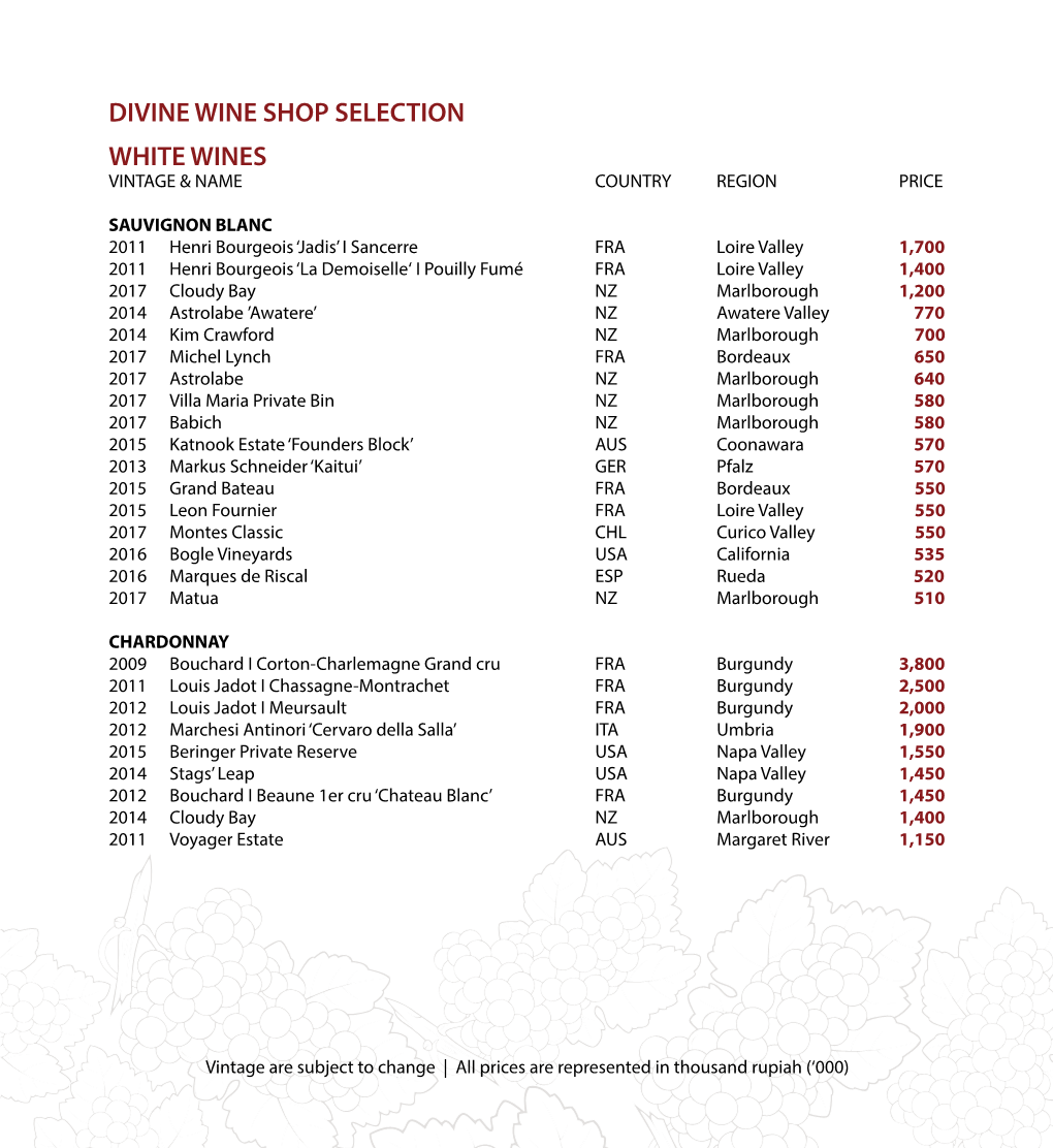 Divine Wine Shop Selection White Wines Wh