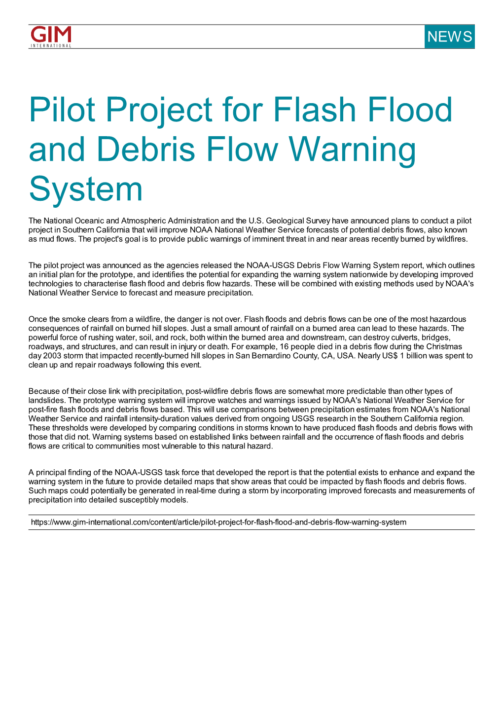 Pilot Project for Flash Flood and Debris Flow Warning System