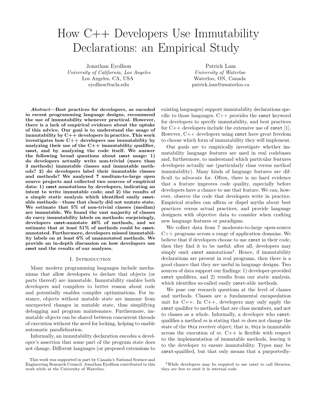 How C++ Developers Use Immutability Declarations: an Empirical Study