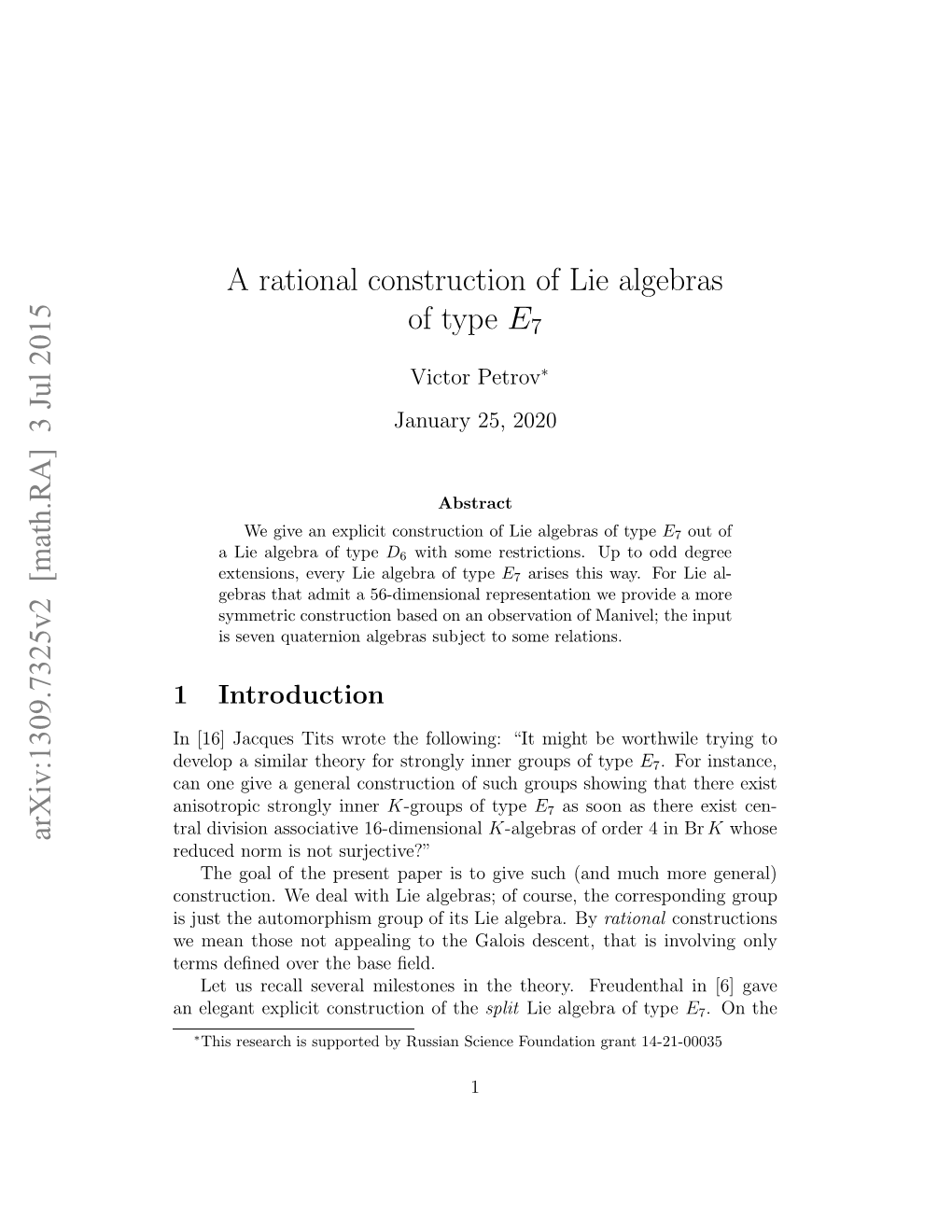 3 Jul 2015 a Rational Construction of Lie Algebras of Type E7