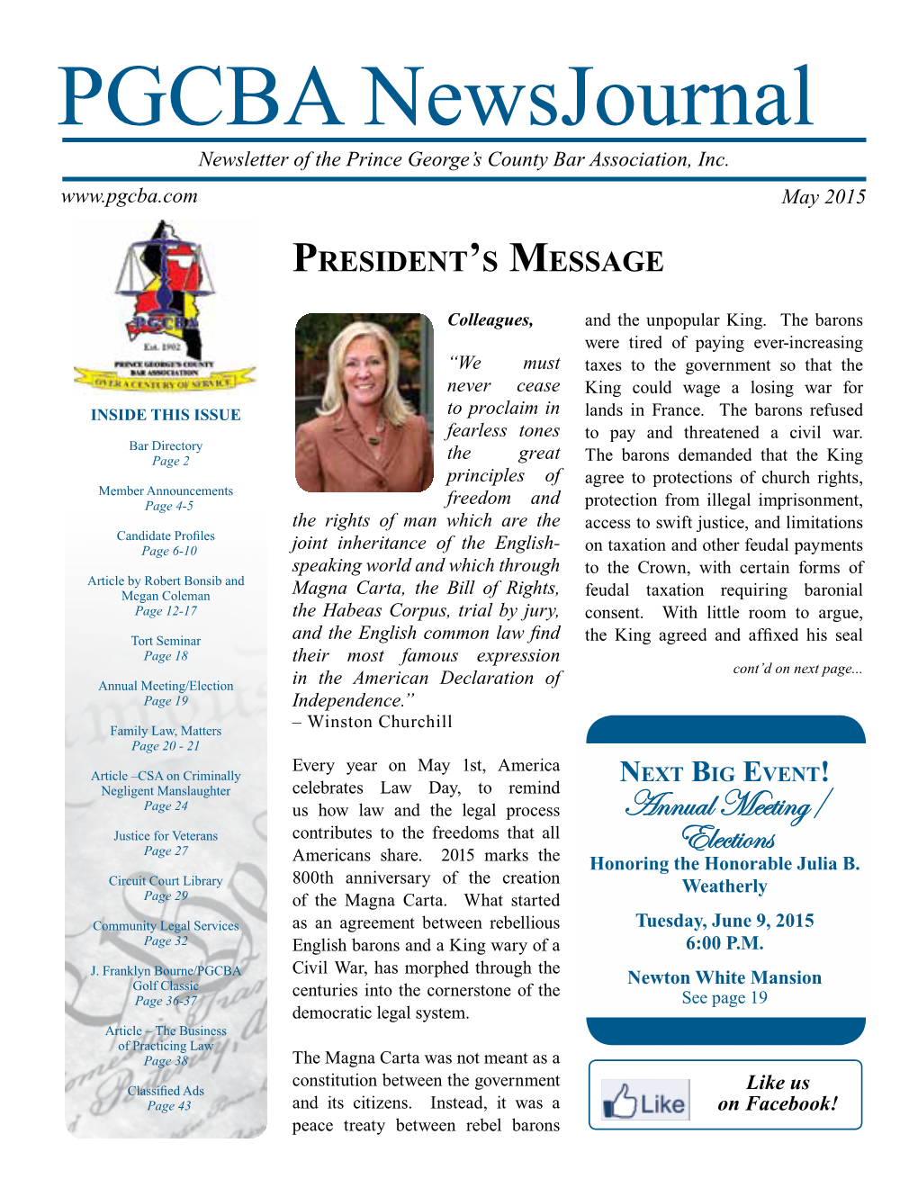 PGCBA Newsjournal Newsletter of the Prince George’S County Bar Association, Inc