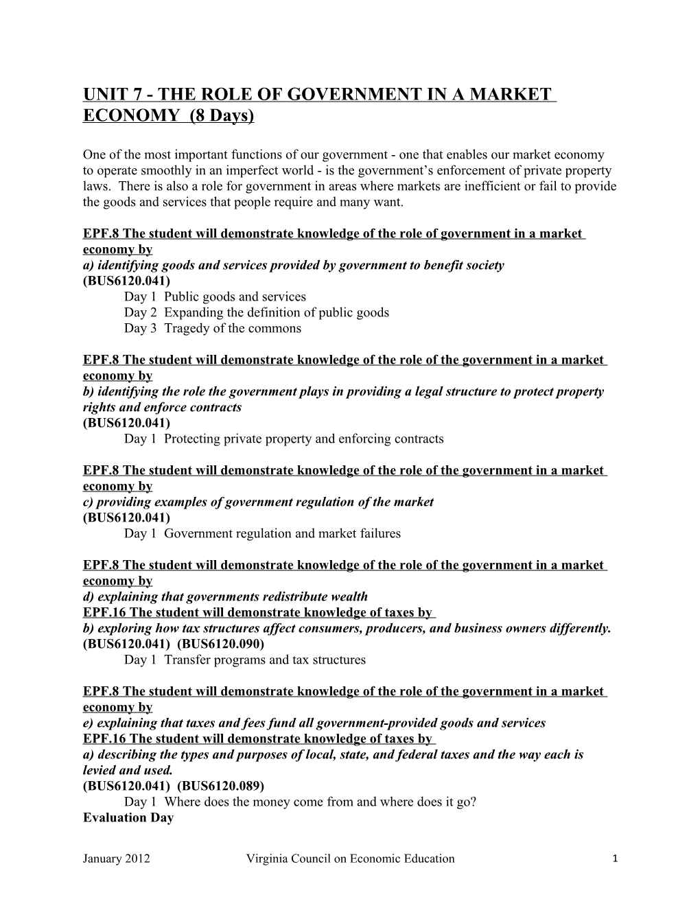 UNIT 7 - THE ROLE OF GOVERNMENT IN A MARKET ECONOMY (8 Days)