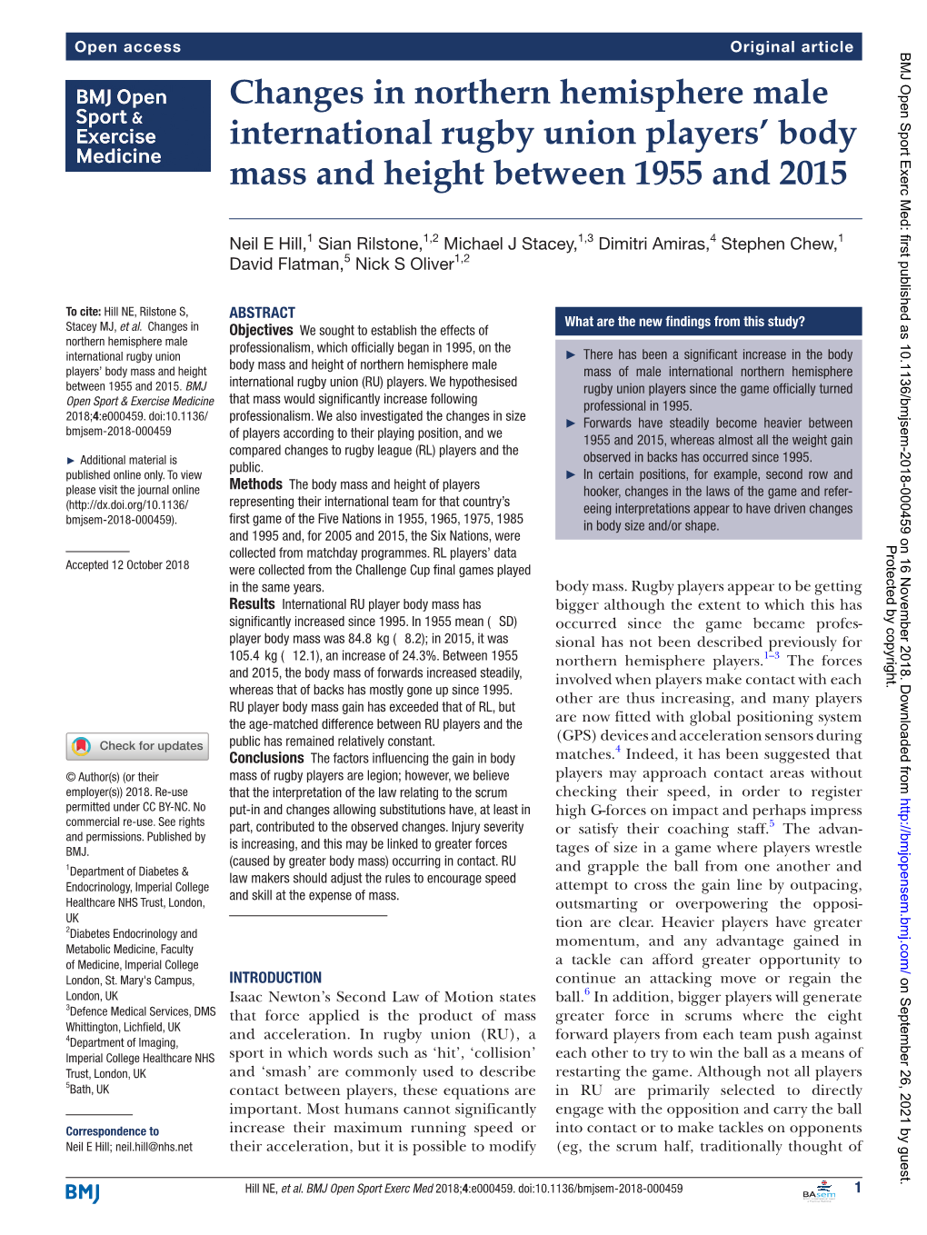 Changes in Northern Hemisphere Male International Rugby Union Players’ Body Mass and Height Between 1955 and 2015