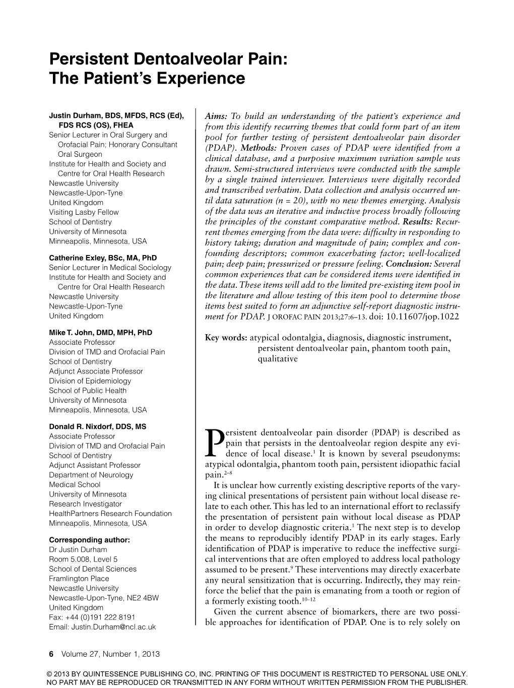 Persistent Dentoalveolar Pain: the Patient's Experience