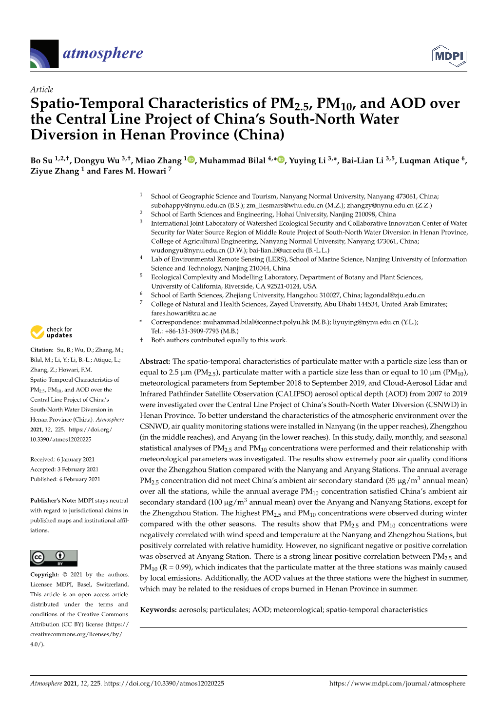 Spatio-Temporal Characteristics of PM2.5, PM10, and AOD Over the Central Line Project of China’S South-North Water Diversion in Henan Province (China)