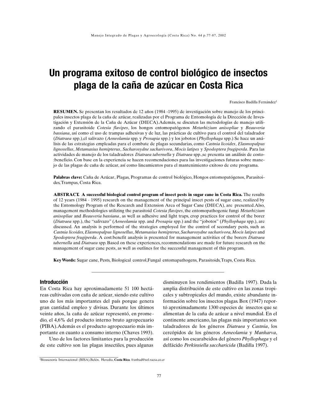 Un Programa Exitoso De Control Biológico De Insectos Plaga De La Caña De Azúcar En Costa Rica