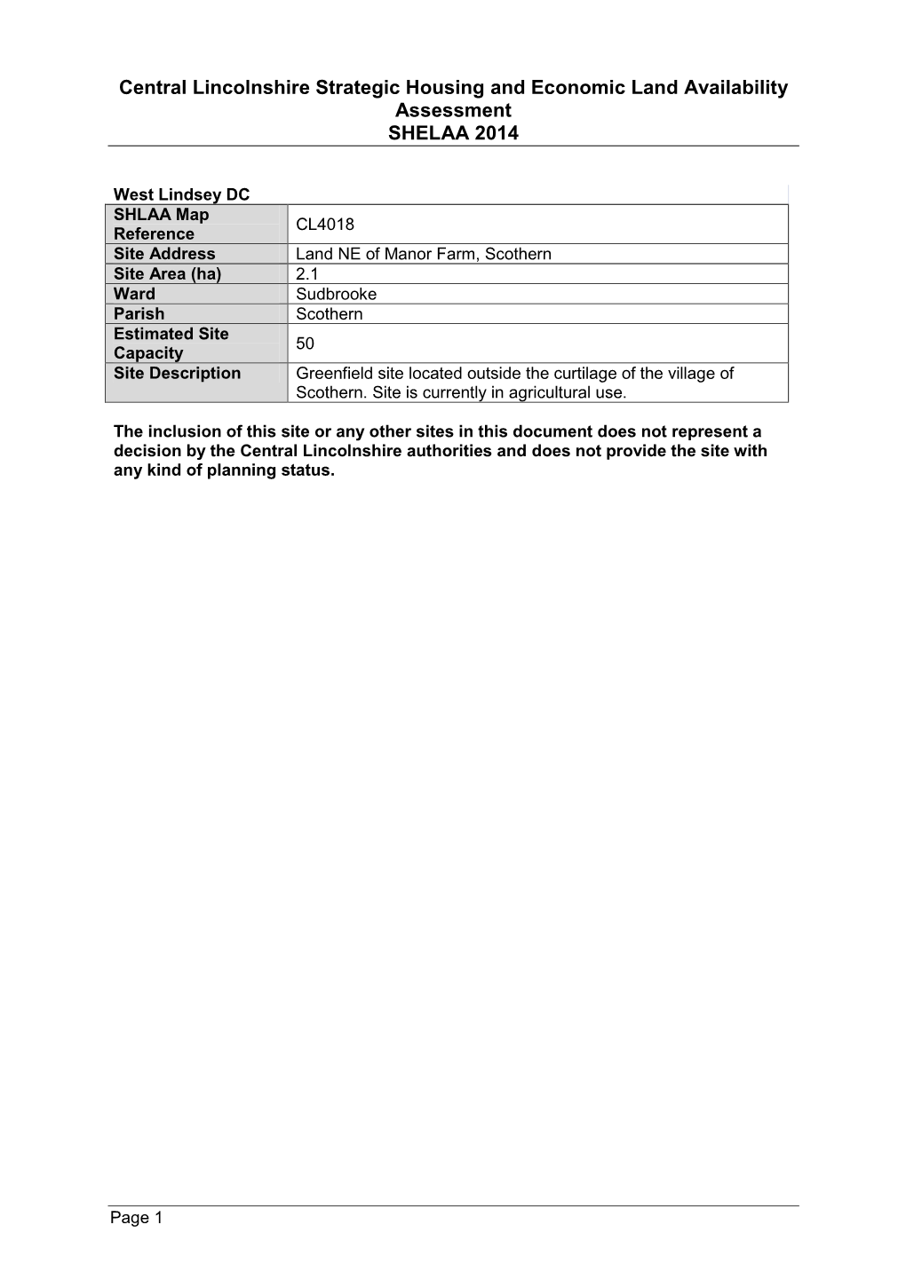 Central Lincolnshire Strategic Housing and Economic Land Availability Assessment SHELAA 2014