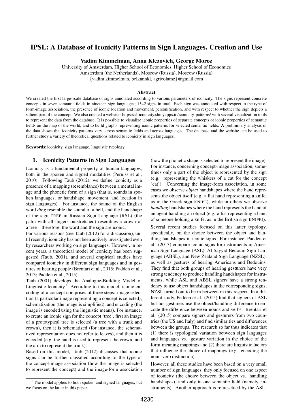 IPSL: a Database of Iconicity Patterns in Sign Languages. Creation and Use