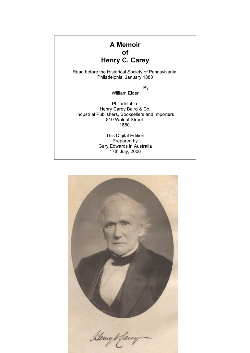 A Memoir of Henry C. Carey