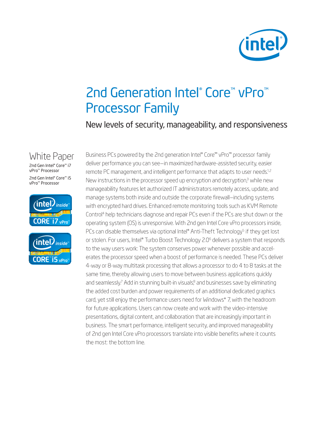 2Nd Generation Intel® Core™ Vpro™ Processor Family New Levels of Security, Manageability, and Responsiveness