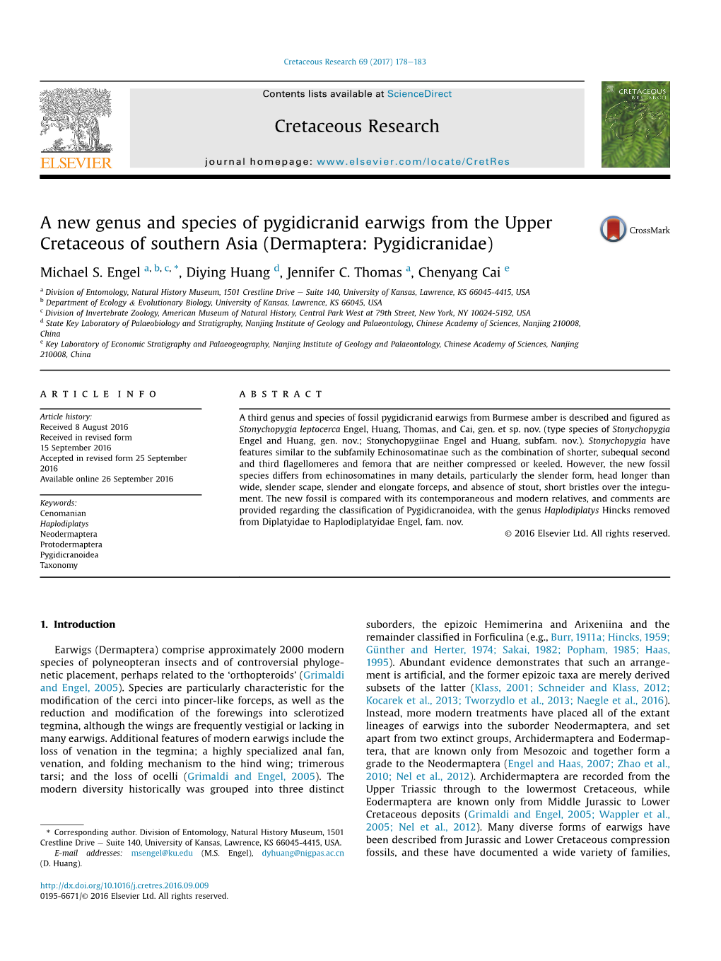 A New Genus and Species of Pygidicranid Earwigs from the Upper Cretaceous of Southern Asia (Dermaptera: Pygidicranidae)