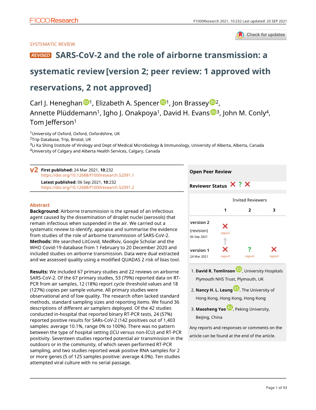 SARS-Cov-2 and the Role of Airborne Transmission: a Systematic Review [Version 2; Peer Review: 1 Approved with Reservations, 2 Not Approved]