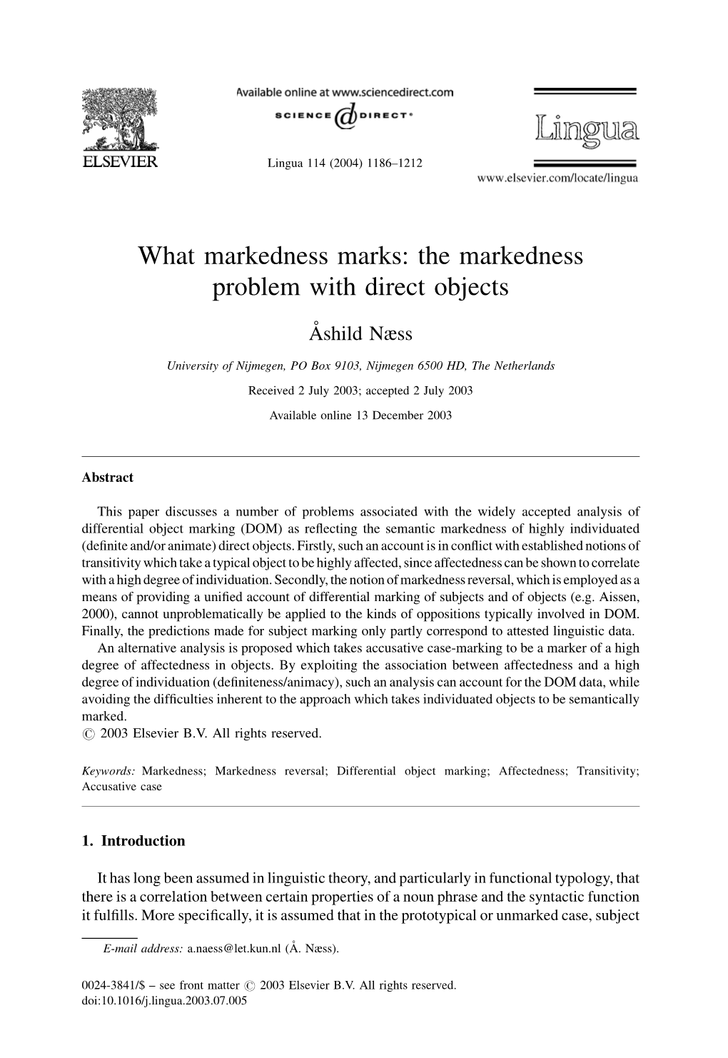 What Markedness Marks: the Markedness Problem with Direct Objects