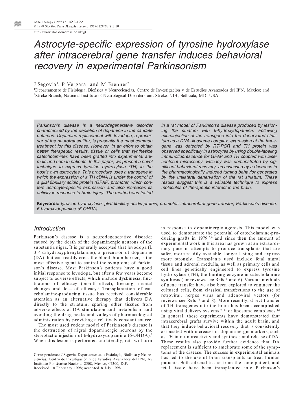 Astrocyte-Specific Expression of Tyrosine Hydroxylase After