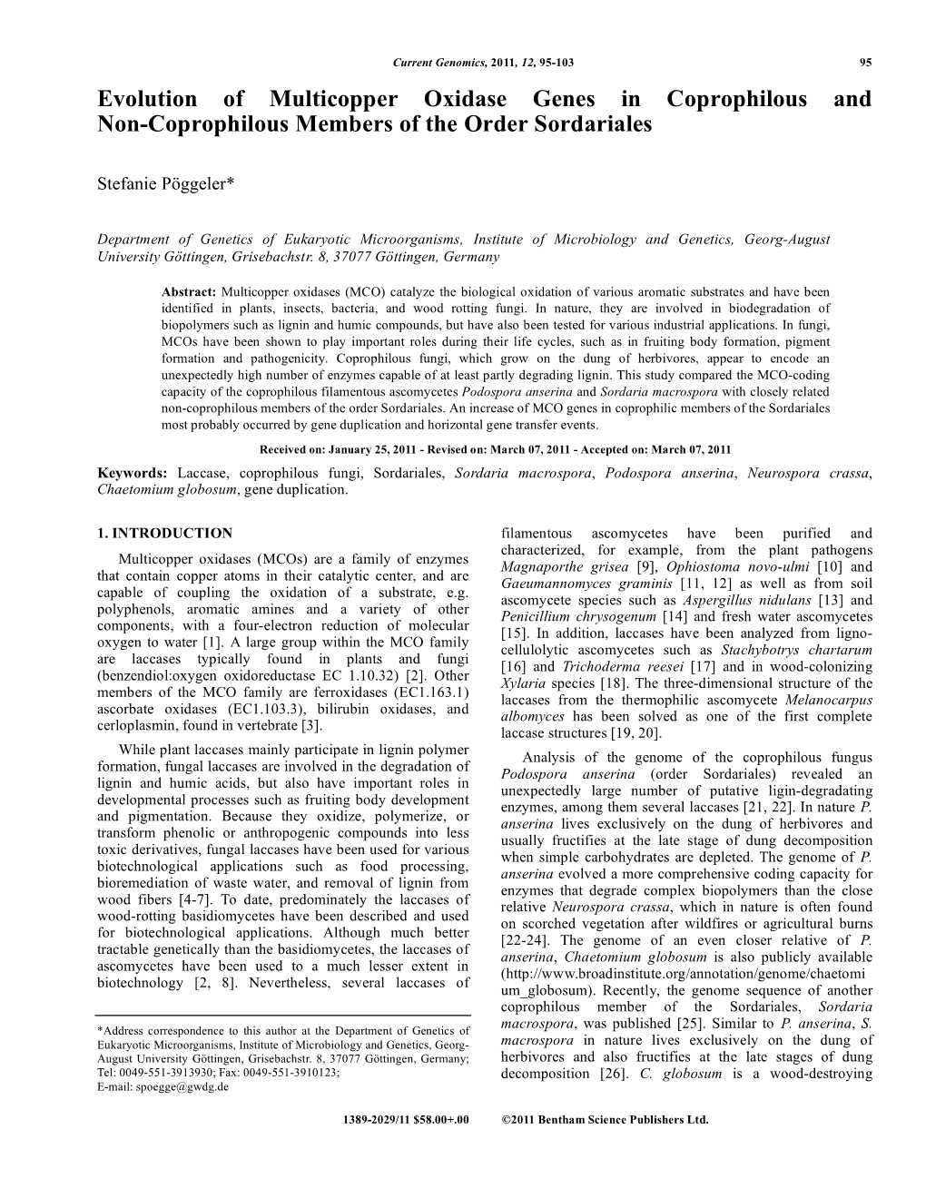 Evolution of Multicopper Oxidase Genes in Coprophilous and Non-Coprophilous Members of the Order Sordariales