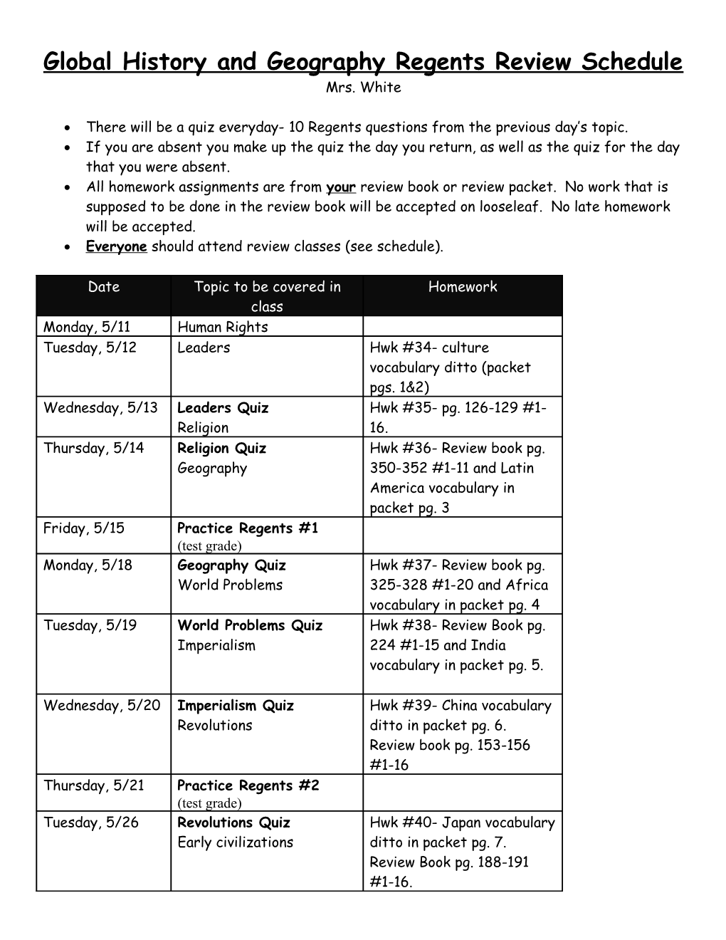 Global History and Geography Regents Review Schedule