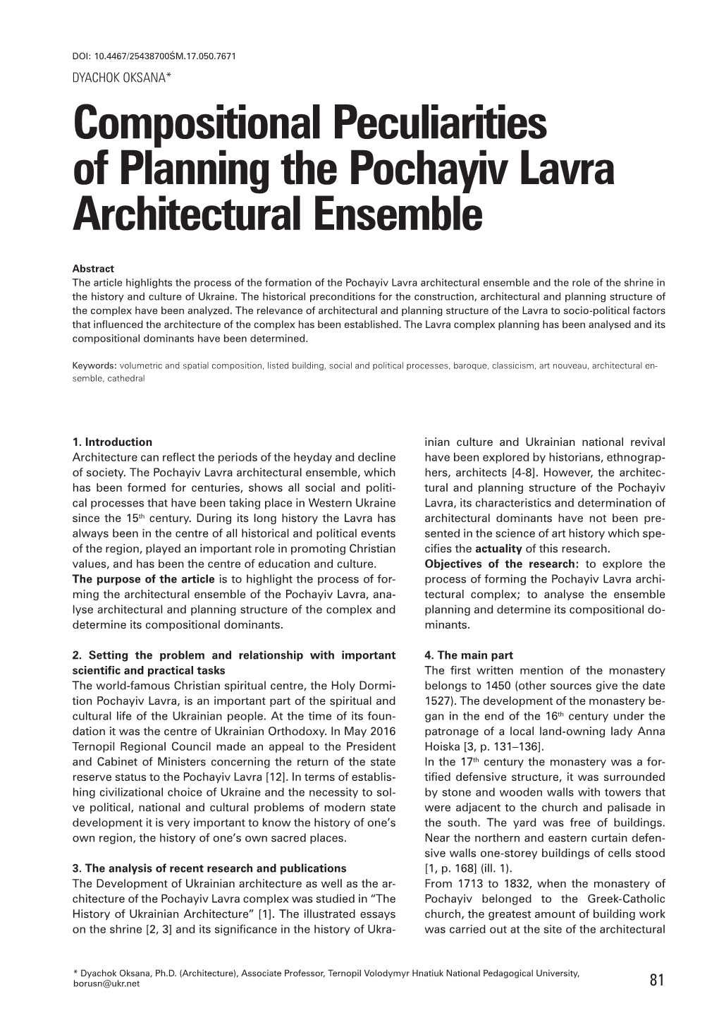 Compositional Peculiarities of Planning the Pochayiv Lavra Architectural Ensemble
