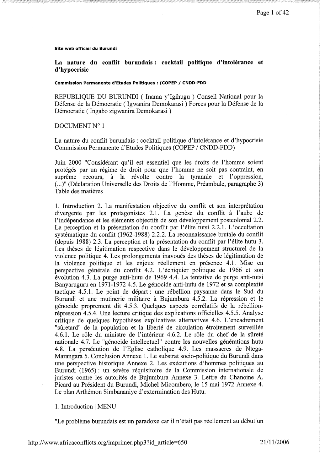 La Nature Du Conflit Burundais : Cocktail Politique D'intolérance Et D'hypocrisie