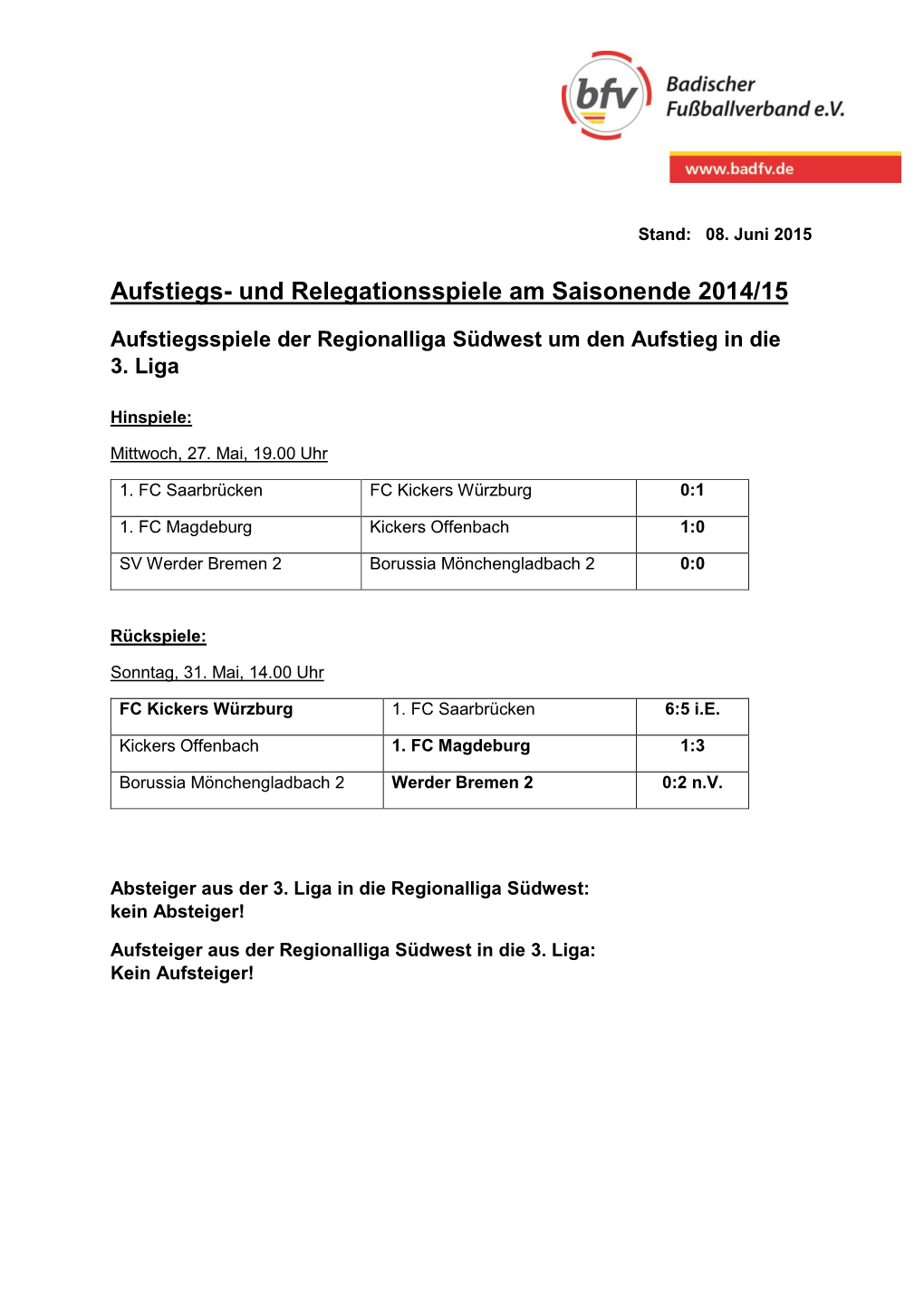 Aufstiegs- Und Relegationsspiele Am Saisonende 2014/15