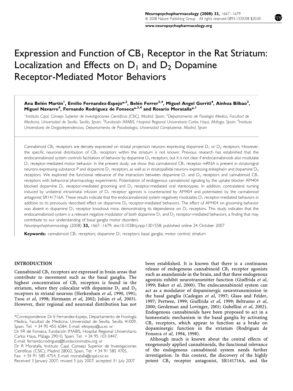 Expression and Function of CB1 Receptor in the Rat Striatum: Localization and Effects on D1 and D2 Dopamine Receptor-Mediated Motor Behaviors