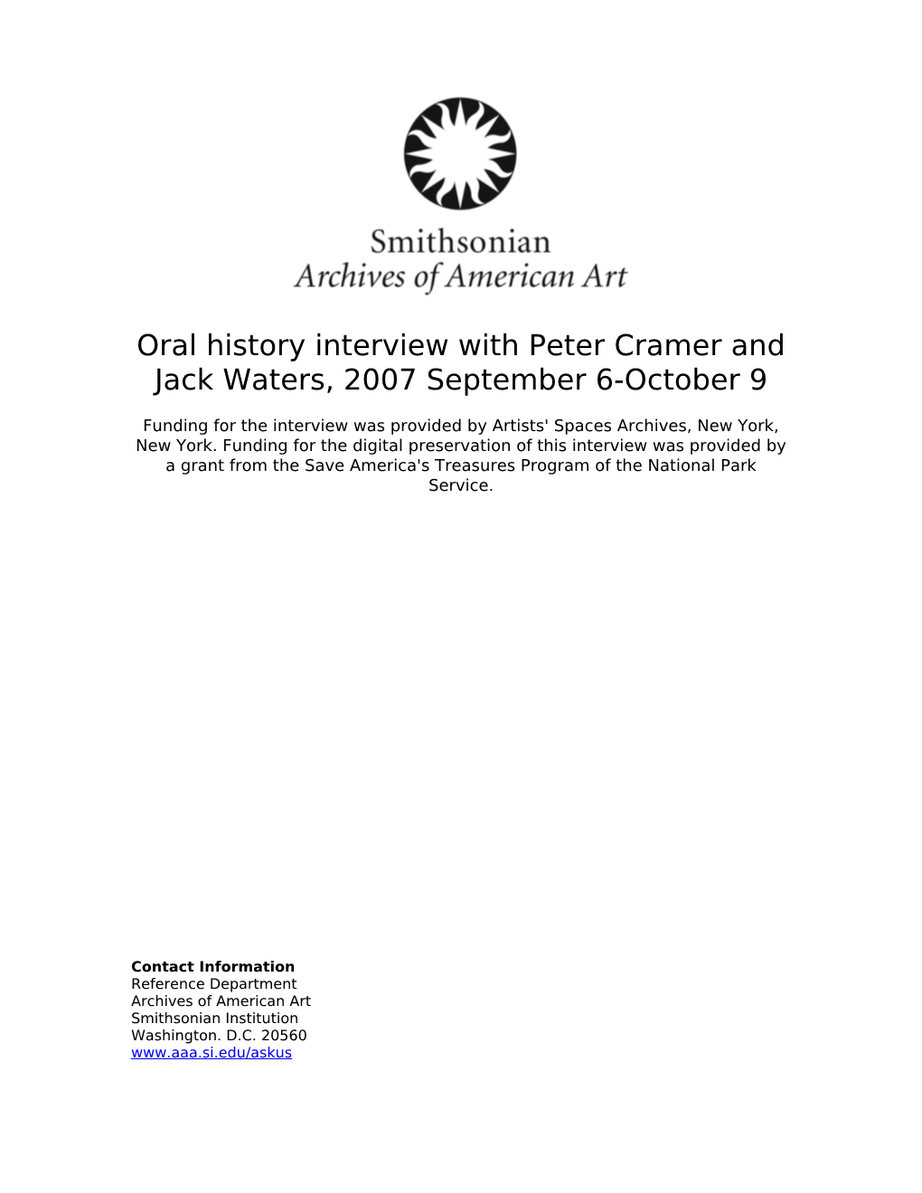 Oral History Interview with Peter Cramer and Jack Waters, 2007 September 6-October 9