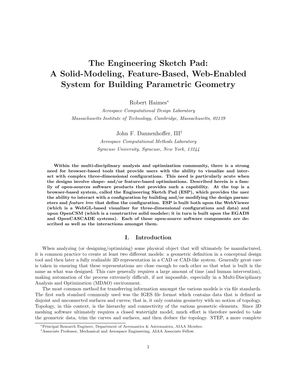 The Engineering Sketch Pad: a Solid-Modeling, Feature-Based, Web-Enabled System for Building Parametric Geometry