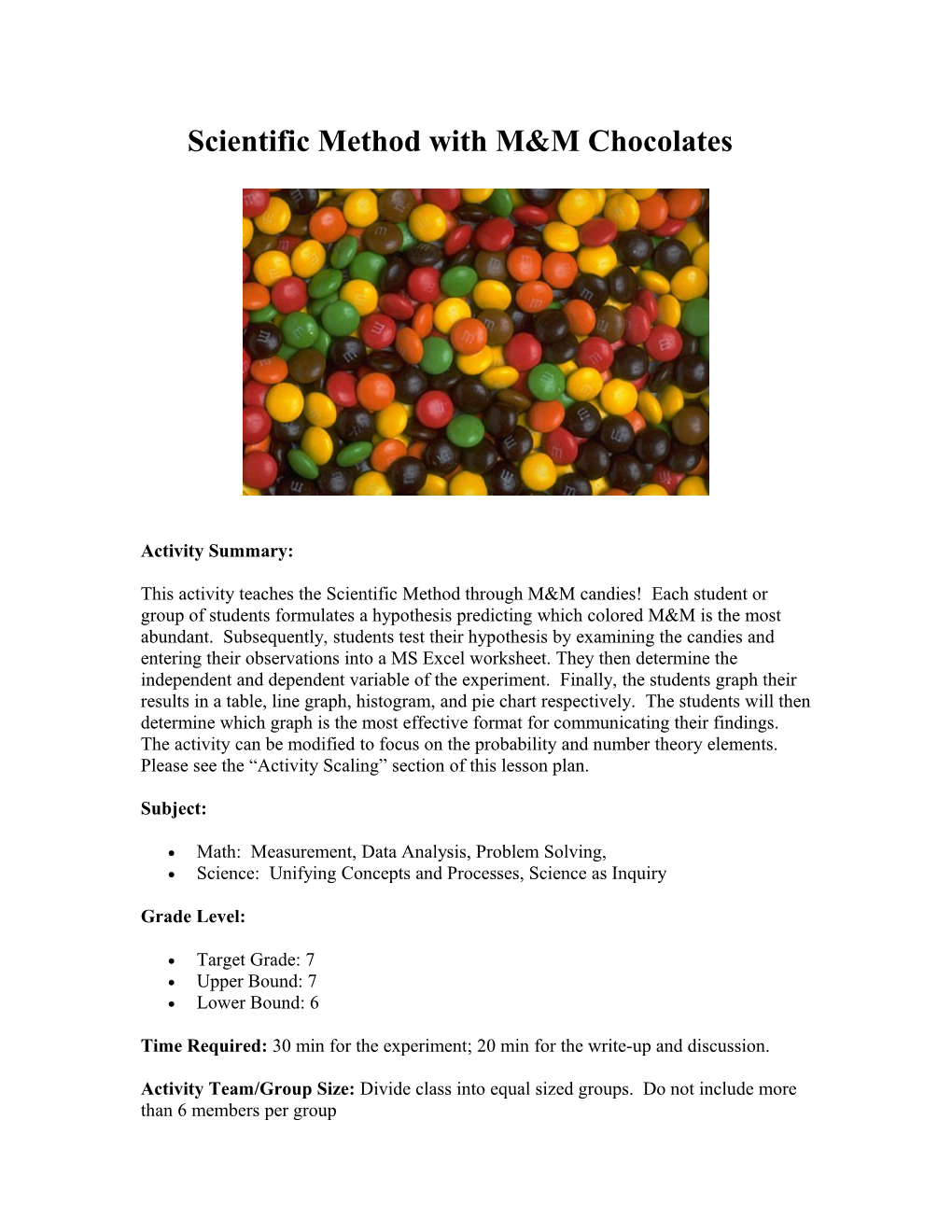 Catchy Activity Title: M&M Chocolates Experiment