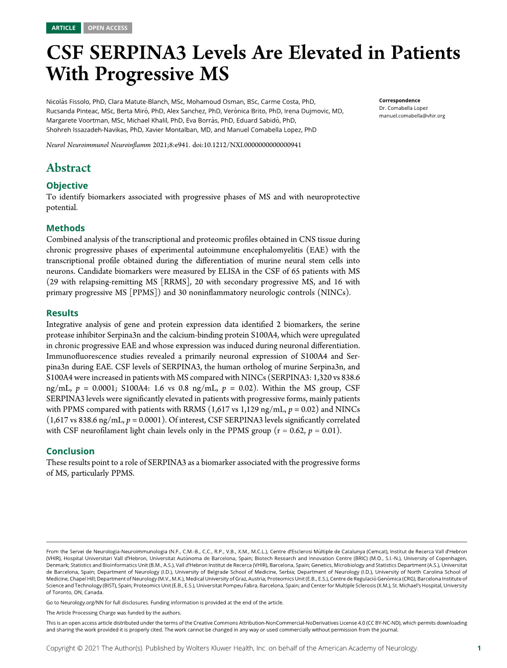 CSF SERPINA3 Levels Are Elevated in Patients with Progressive MS