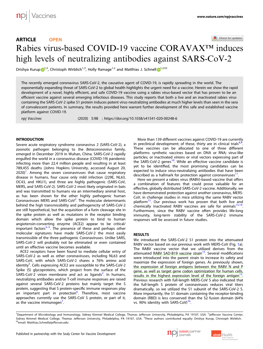 Rabies Virus-Based COVID-19 Vaccine CORAVAX™ Induces High