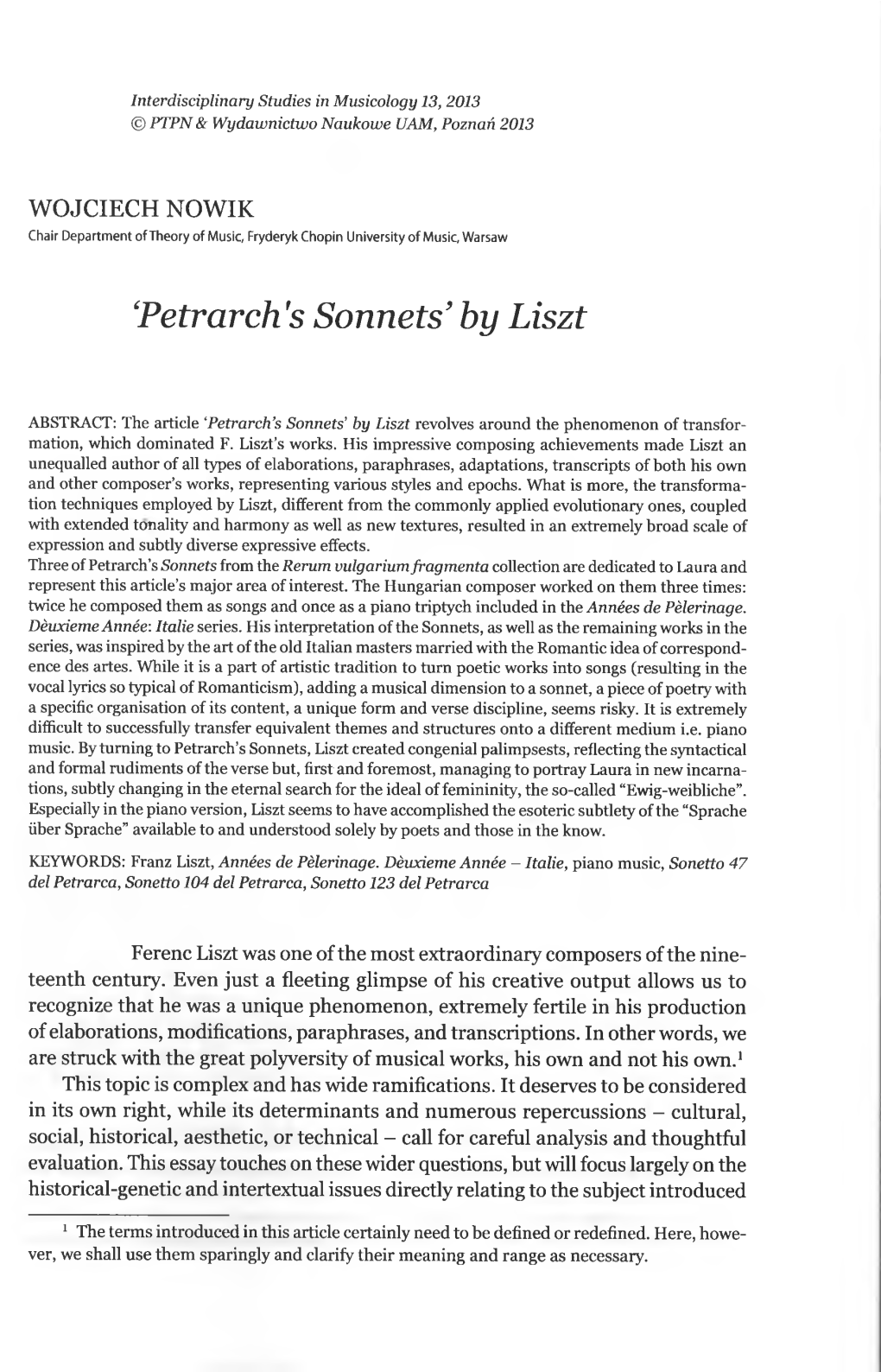 'Petrarch's Sonnets' by Liszt