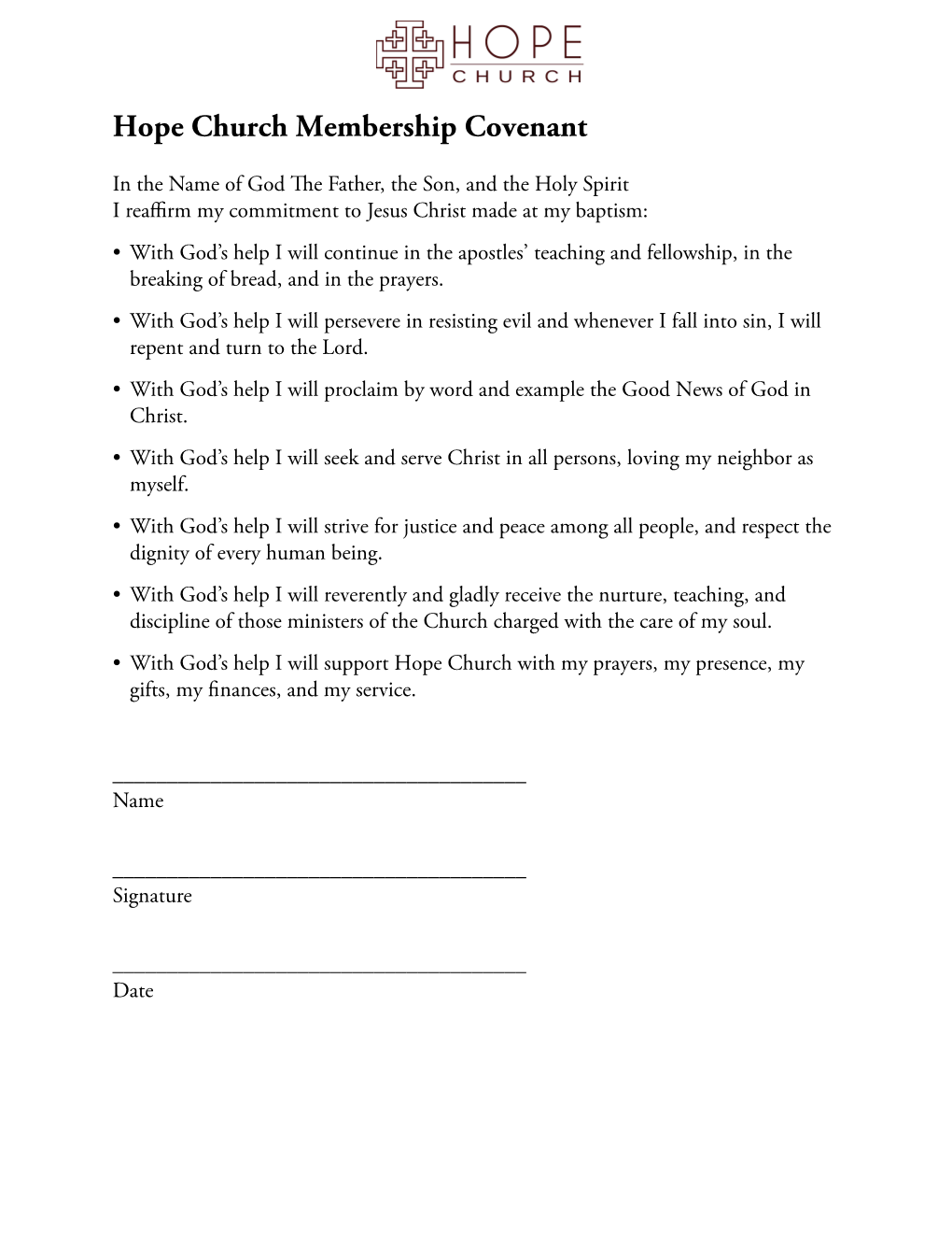 Hope Church Membership Covenant