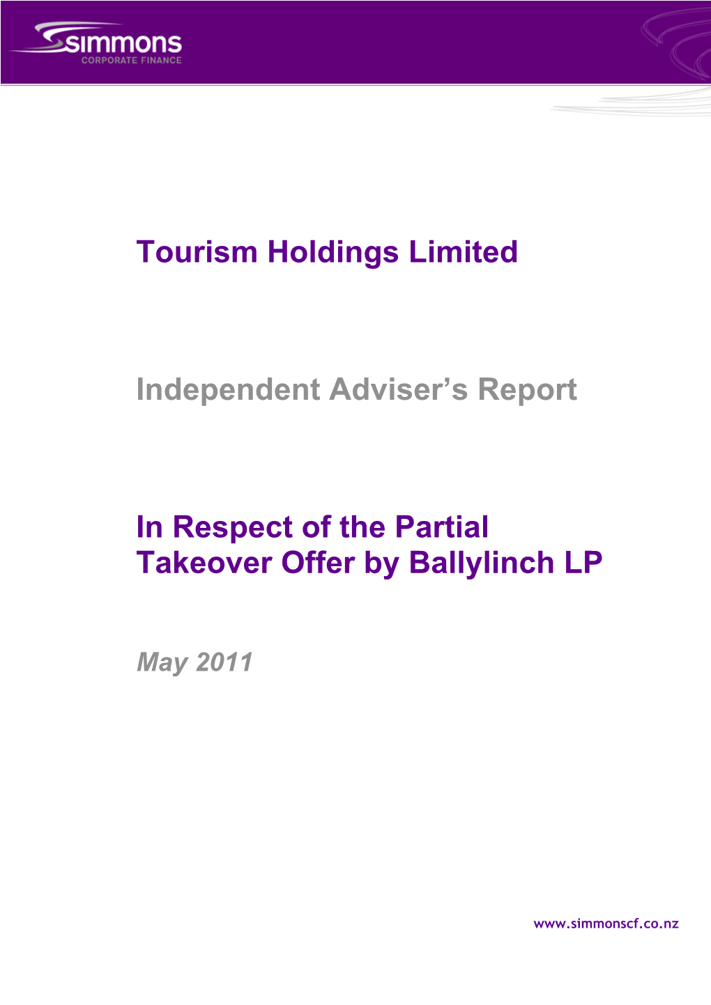 Tourism Holdings Limited Independent Adviser's Report in Respect of the Partial Takeover Offer by Ballylinch LP