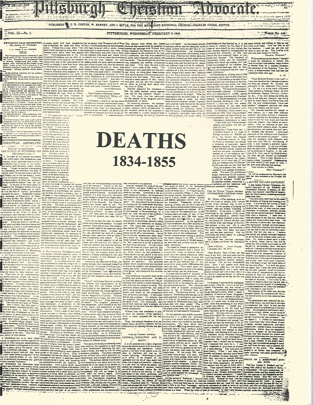 Deaths Gleaned from the Pittsburgh Christian Advocate 1834-1855, Compiled by Helen Clear