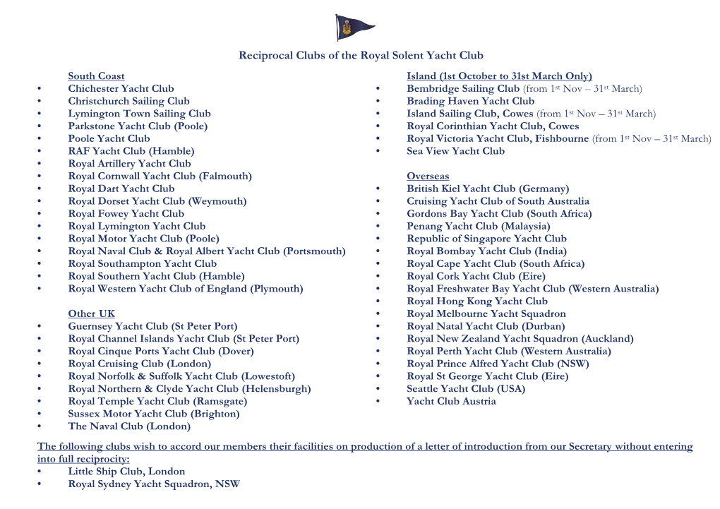 Reciprocal Clubs of the Royal Solent Yacht Club