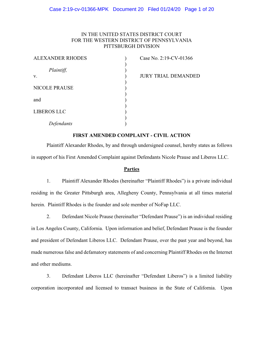 Case 2:19-Cv-01366-MPK Document 20 Filed 01/24/20 Page 1 of 20