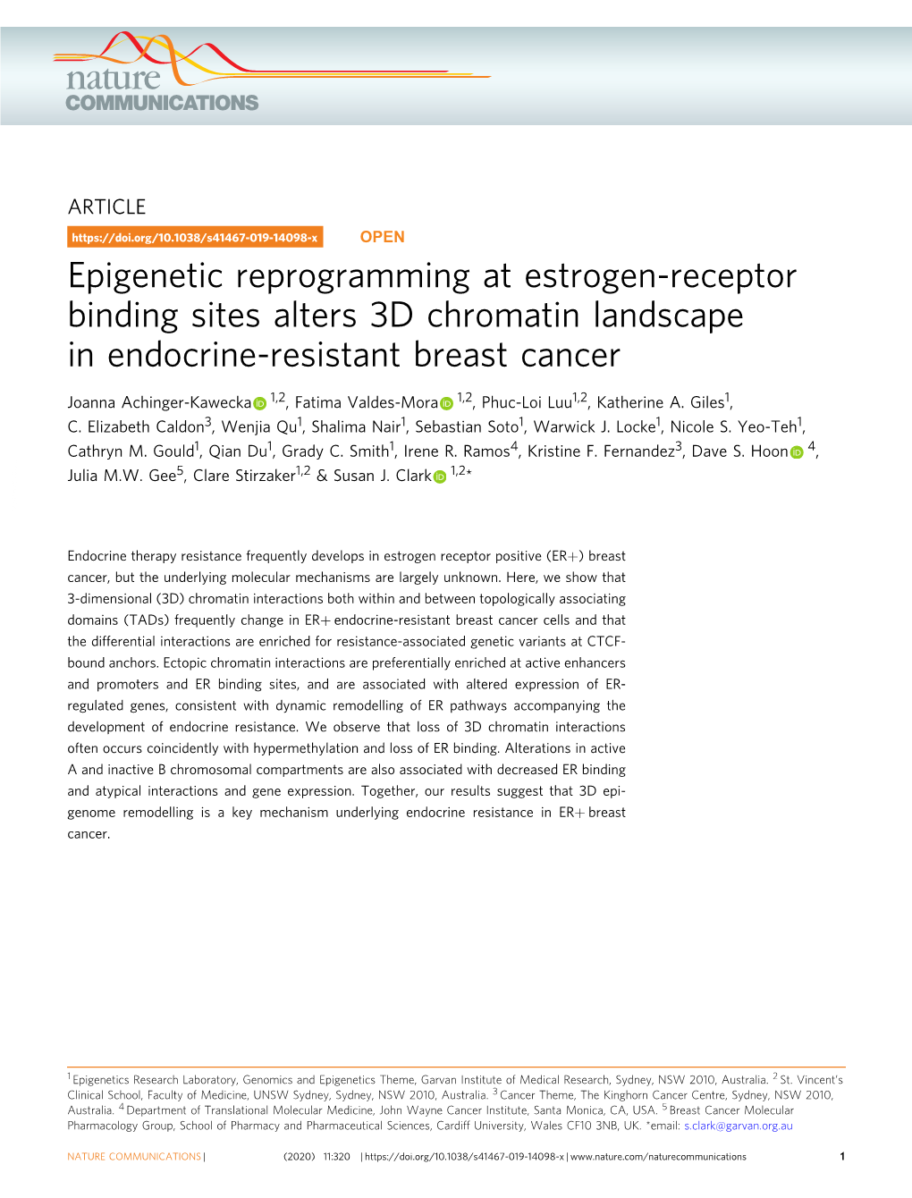 Epigenetic Reprogramming at Estrogen-Receptor Binding Sites Alters 3D Chromatin Landscape in Endocrine-Resistant Breast Cancer