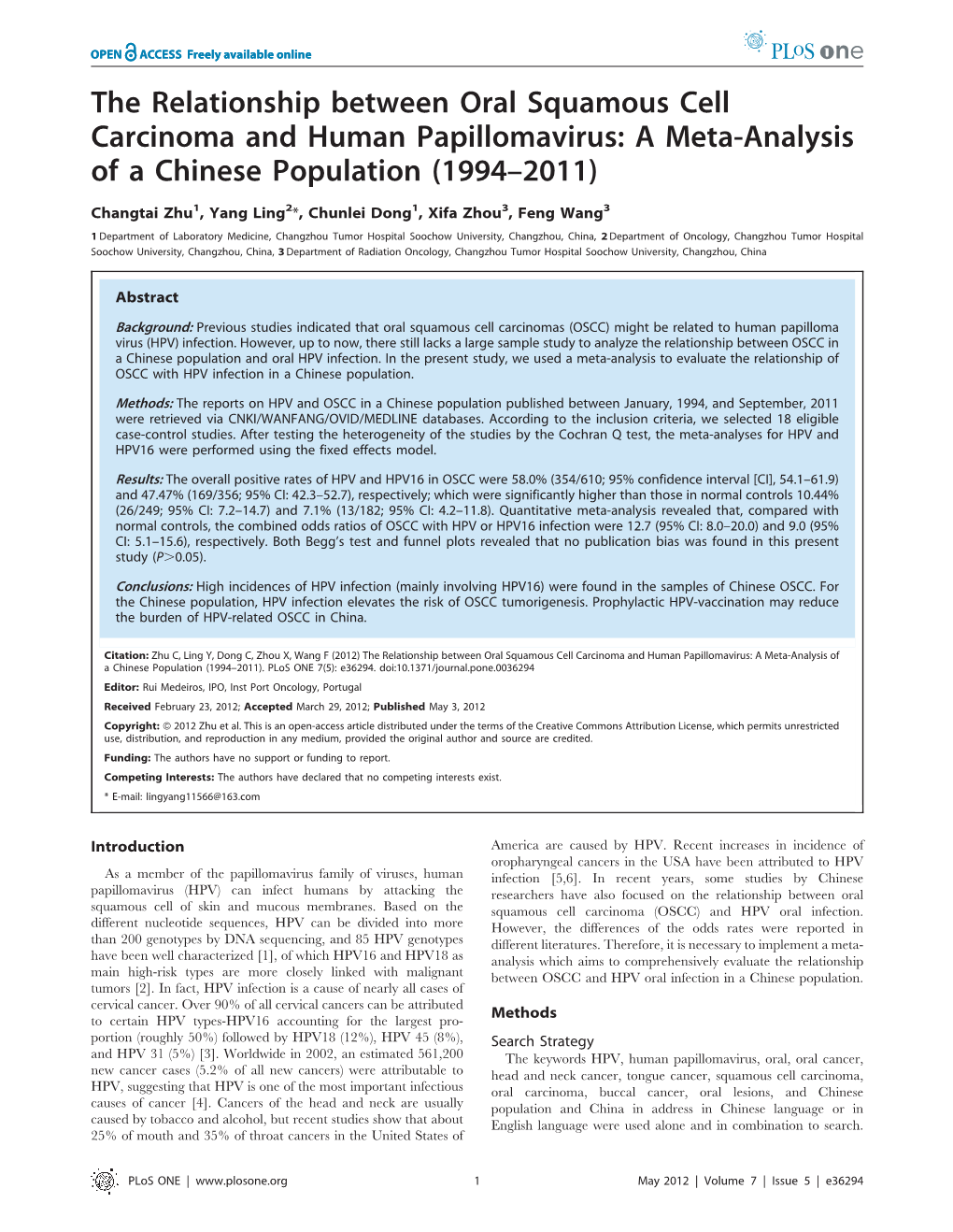 The Relationship Between Oral Squamous Cell Carcinoma and Human Papillomavirus: a Meta-Analysis of a Chinese Population (1994–2011)