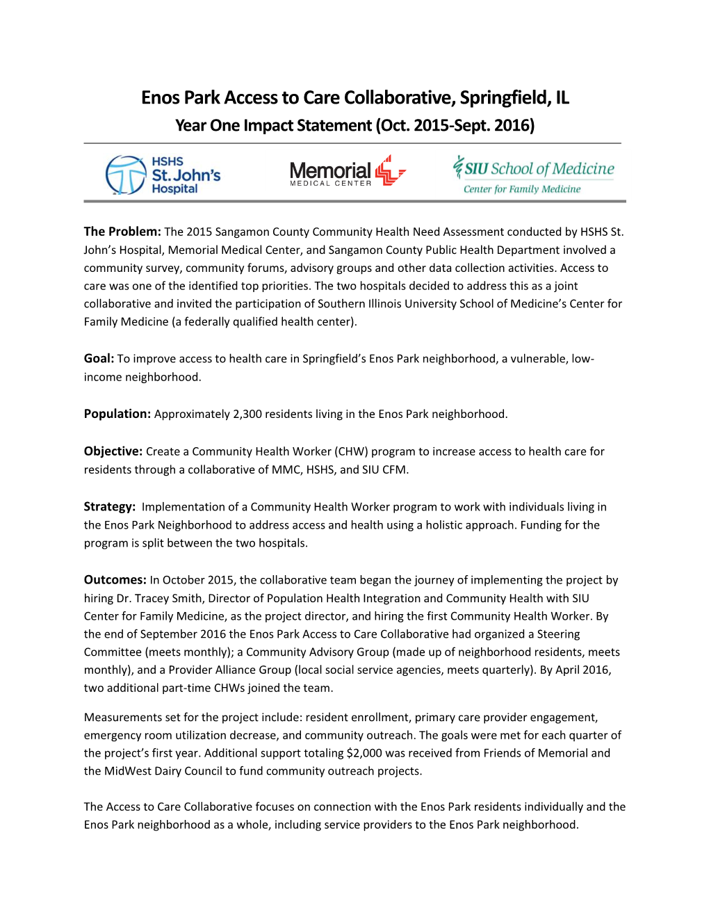 Enos Park Access to Care Collaborative, Springfield, IL Year One Impact Statement (Oct