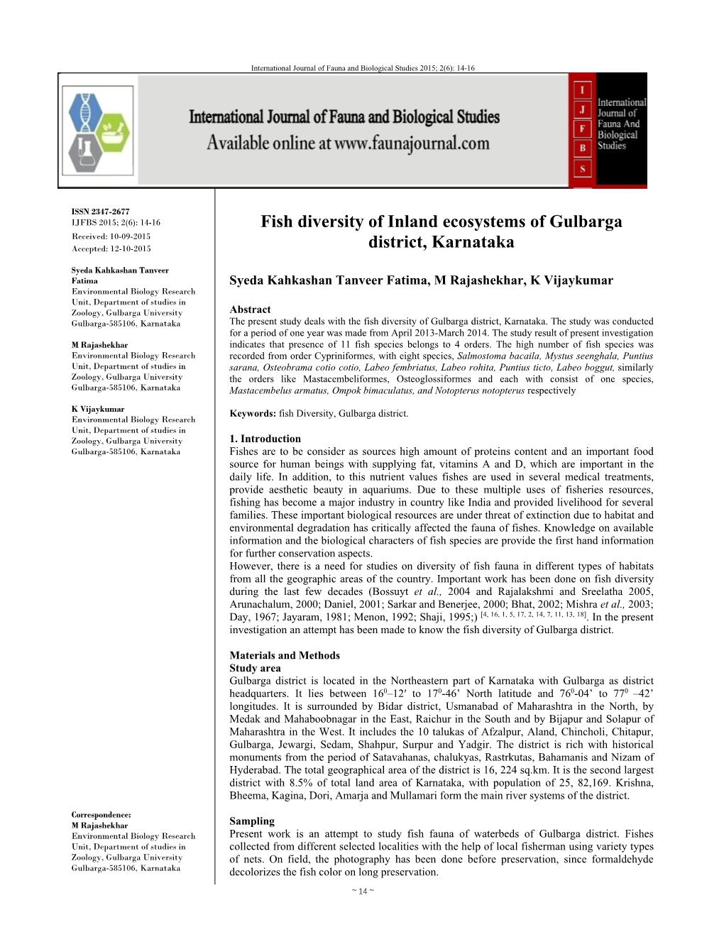 Fish Diversity of Inland Ecosystems of Gulbarga District, Karnataka