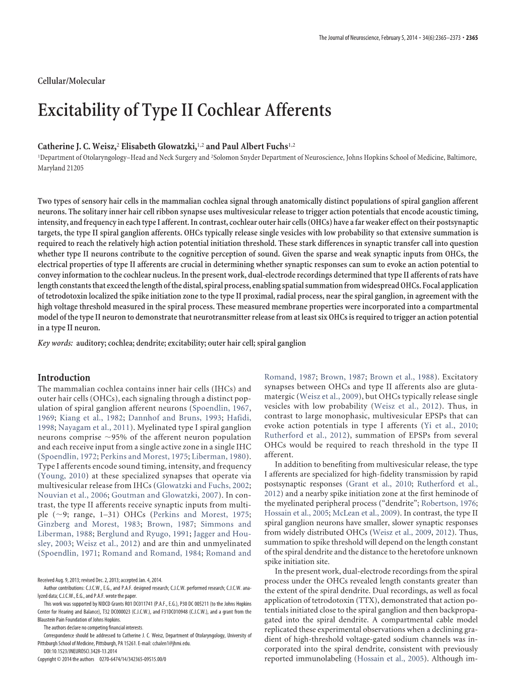 Excitability of Type II Cochlear Afferents