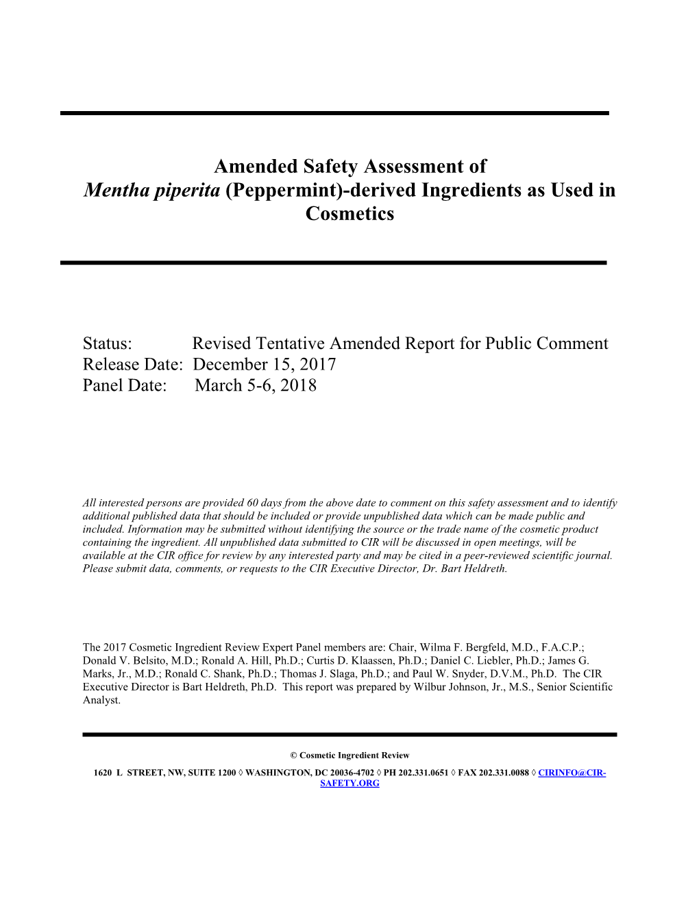 Amended Safety Assessment of Mentha Piperita (Peppermint)-Derived Ingredients As Used in Cosmetics