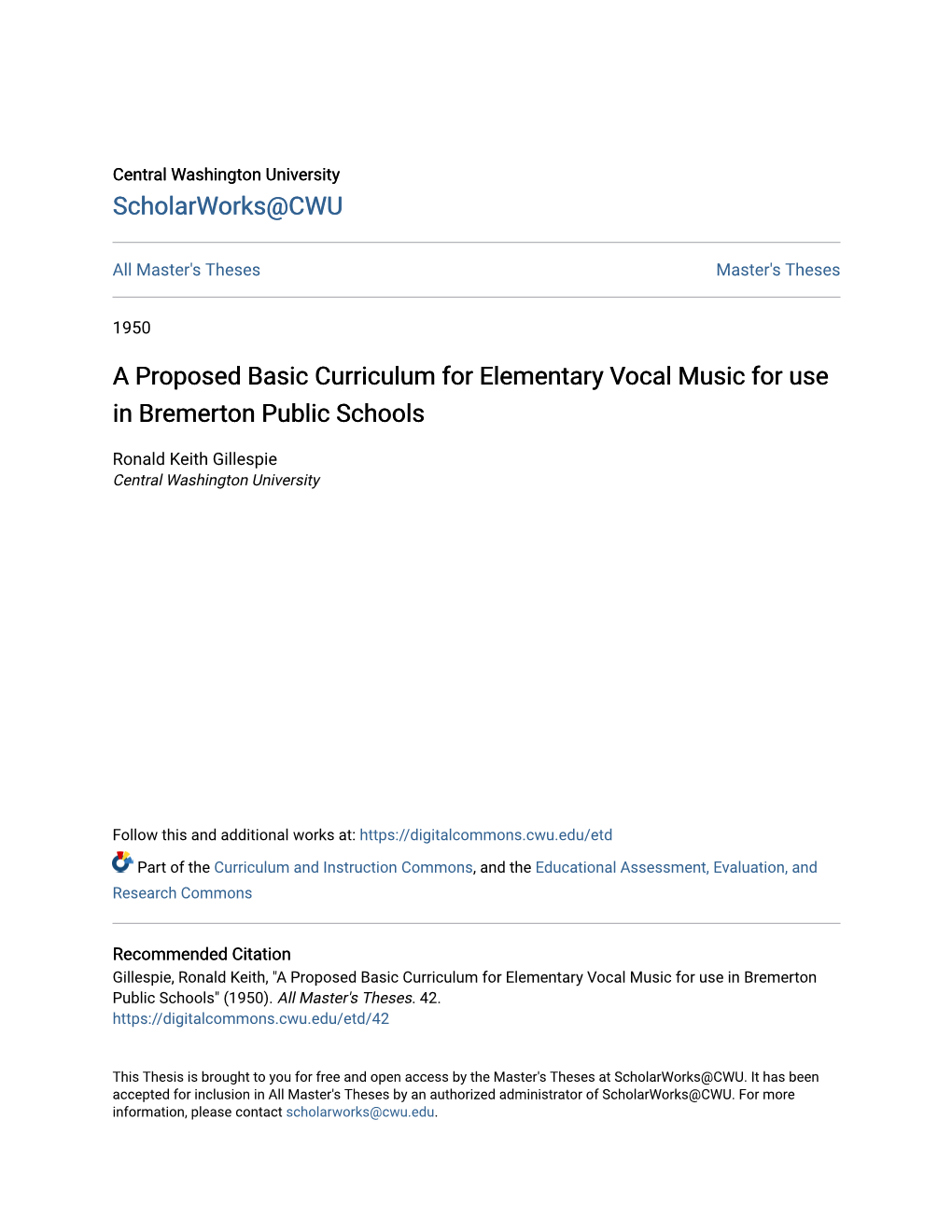 A Proposed Basic Curriculum for Elementary Vocal Music for Use in Bremerton Public Schools