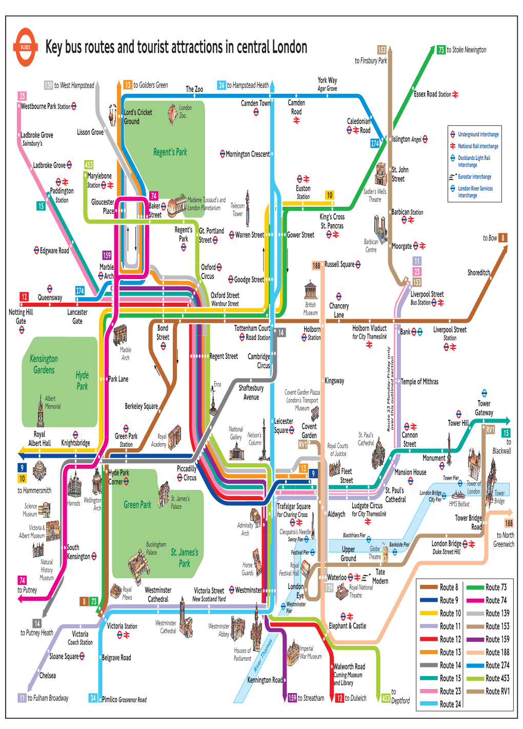 Key Bus Routes and Tourist Attractions in Central London 153 73 to Stoke Newington to Finsbury Park