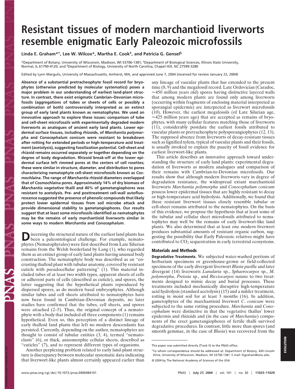 Resistant Tissues of Modern Marchantioid Liverworts Resemble Enigmatic Early Paleozoic Microfossils