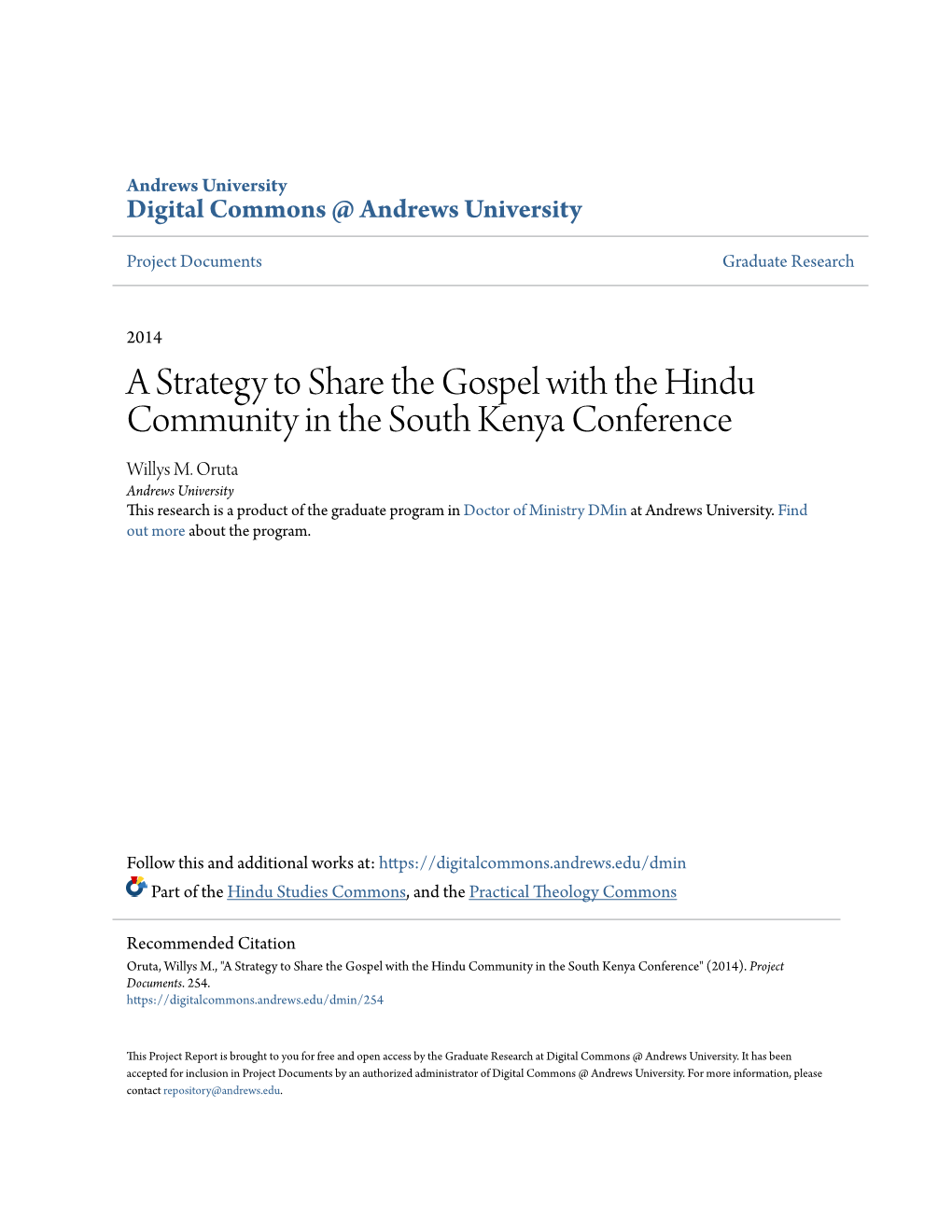 A Strategy to Share the Gospel with the Hindu Community in the South Kenya Conference Willys M