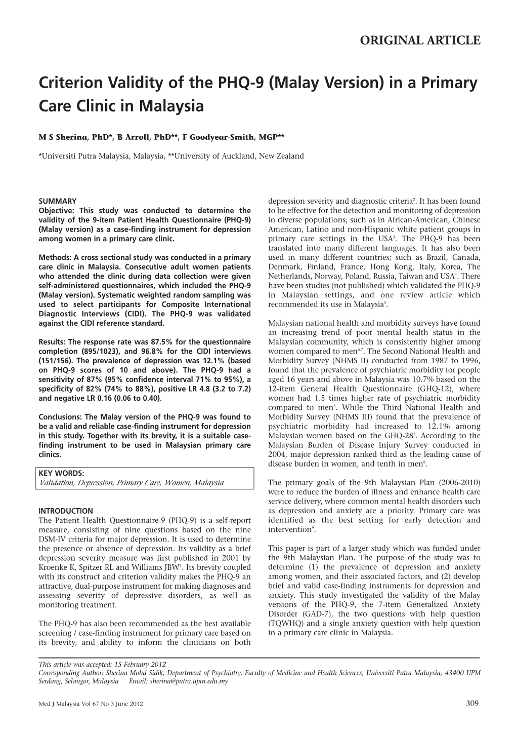 Criterion Validity of the PHQ-9 (Malay Version) in a Primary Care Clinic in Malaysia