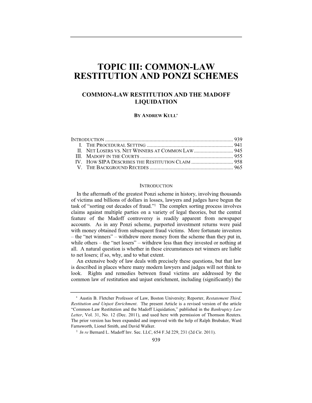 Common-Law Restitution and Ponzi Schemes