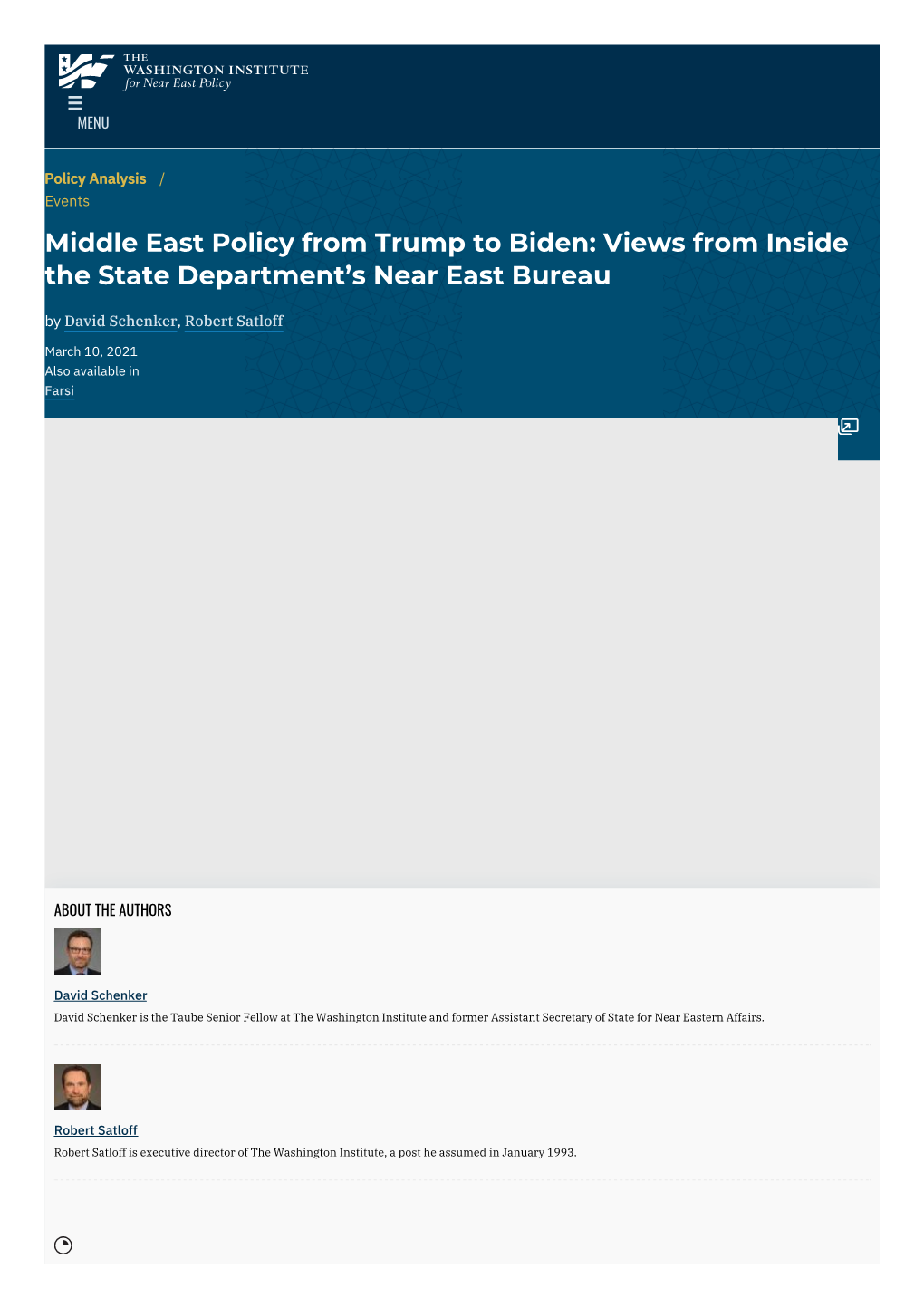 Middle East Policy from Trump to Biden: Views from Inside the State Department’S Near East Bureau by David Schenker, Robert Satloff